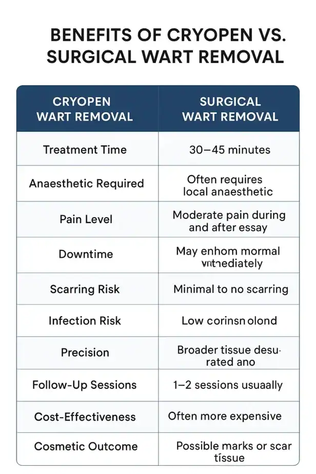 Table showing the benefits of cryopen to remove warts Ayr compared to surgical treatment